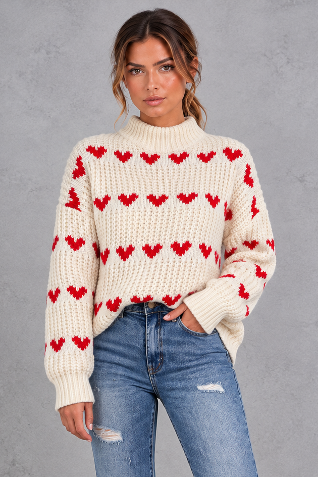 Women's cream heart pattern oversized mock neck jumper – front view