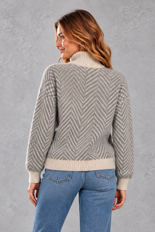 Women's herringbone roll neck jumper in Grey – back view