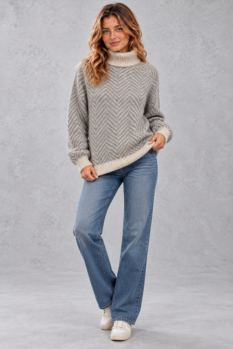 Women's herringbone roll neck jumper in Grey – full-length view