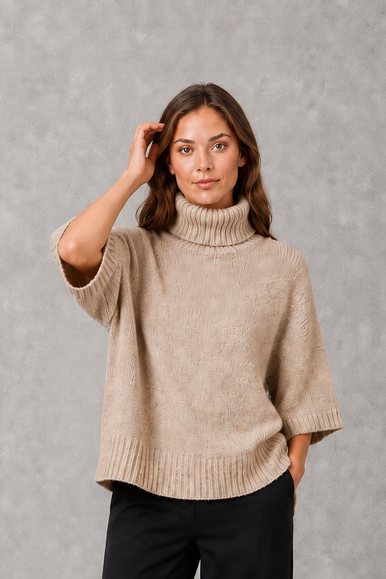 Women’s high neck batwing knit jumper with textured waist-cinching design for autumn and winter.