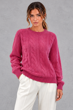Women's dark pink brushed cable knit crew neck jumper – front view