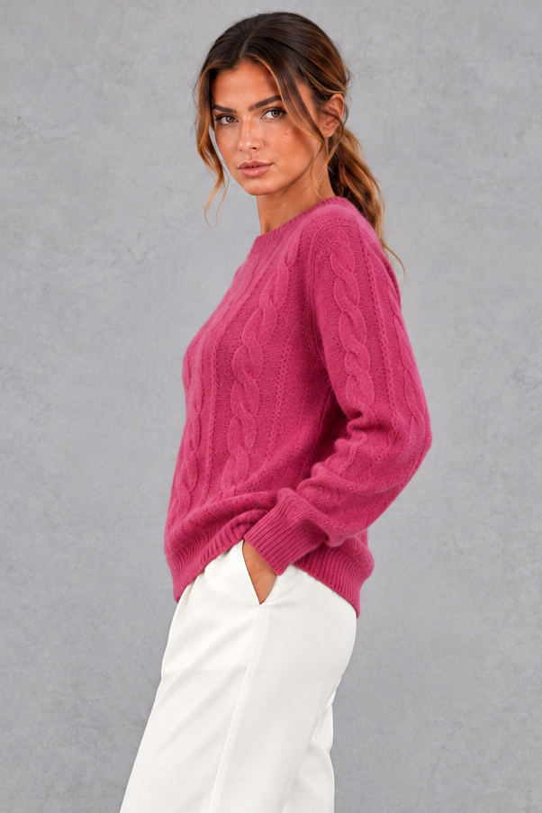 Women's dark pink brushed cable knit crew neck jumper – side view
