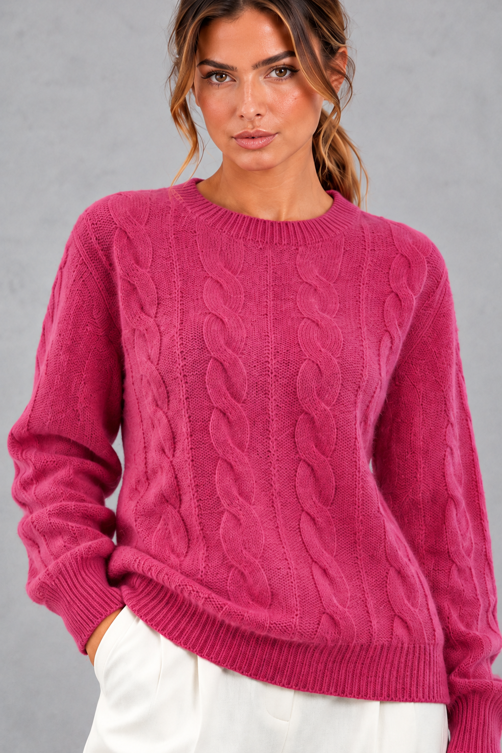 Women's dark pink brushed cable knit crew neck jumper – close-up of crew neckline and cable knit