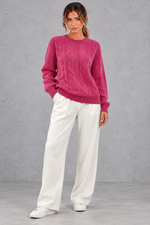 Women's dark pink brushed cable knit crew neck jumper – full-length view
