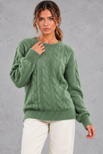 Women's green brushed cable knit crew neck jumper – front view