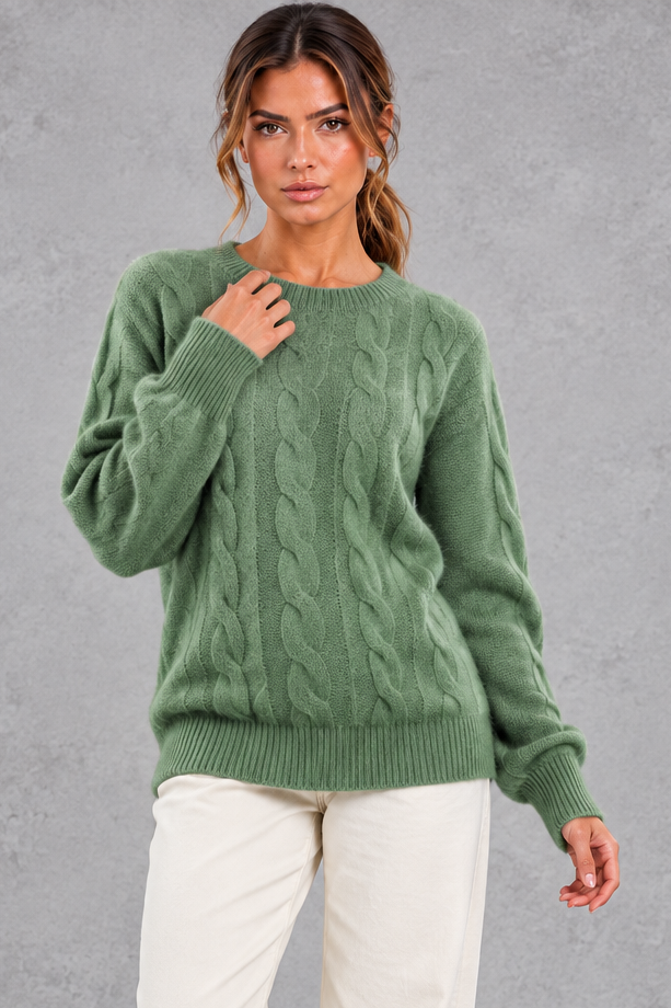 Women's green brushed cable knit crew neck jumper – front view