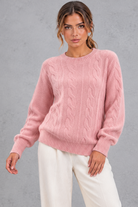 Women's pink brushed cable knit crew neck jumper – front view