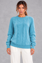 Women's blue brushed cable knit crew neck jumper – front view