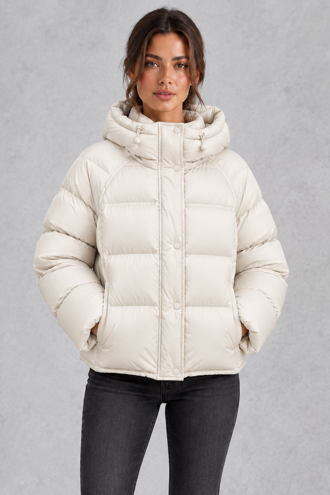 Women’s hooded puffer jacket with generous padding, a large hood, high protective neckline, long sleeves and relaxed silhouette.