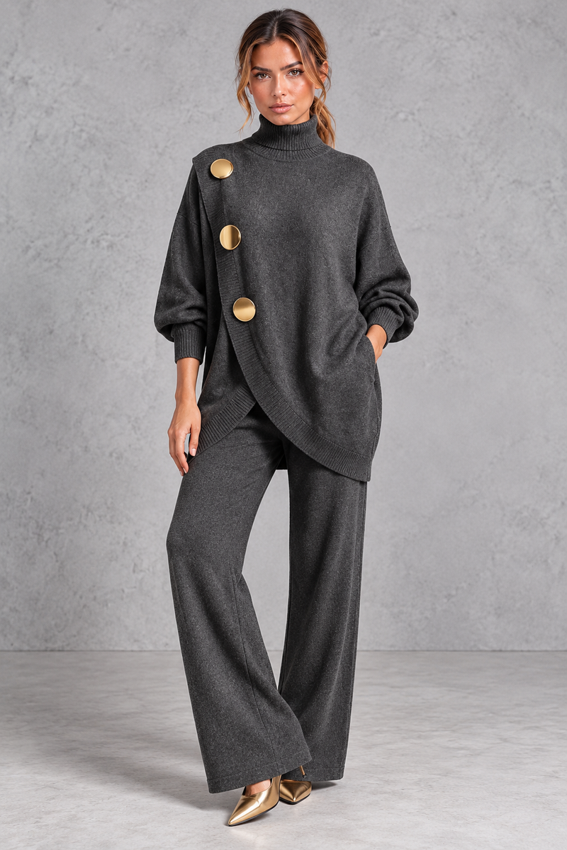 Women's dark grey knitted turtleneck jumper and wide leg trouser set with gold buttons – front view