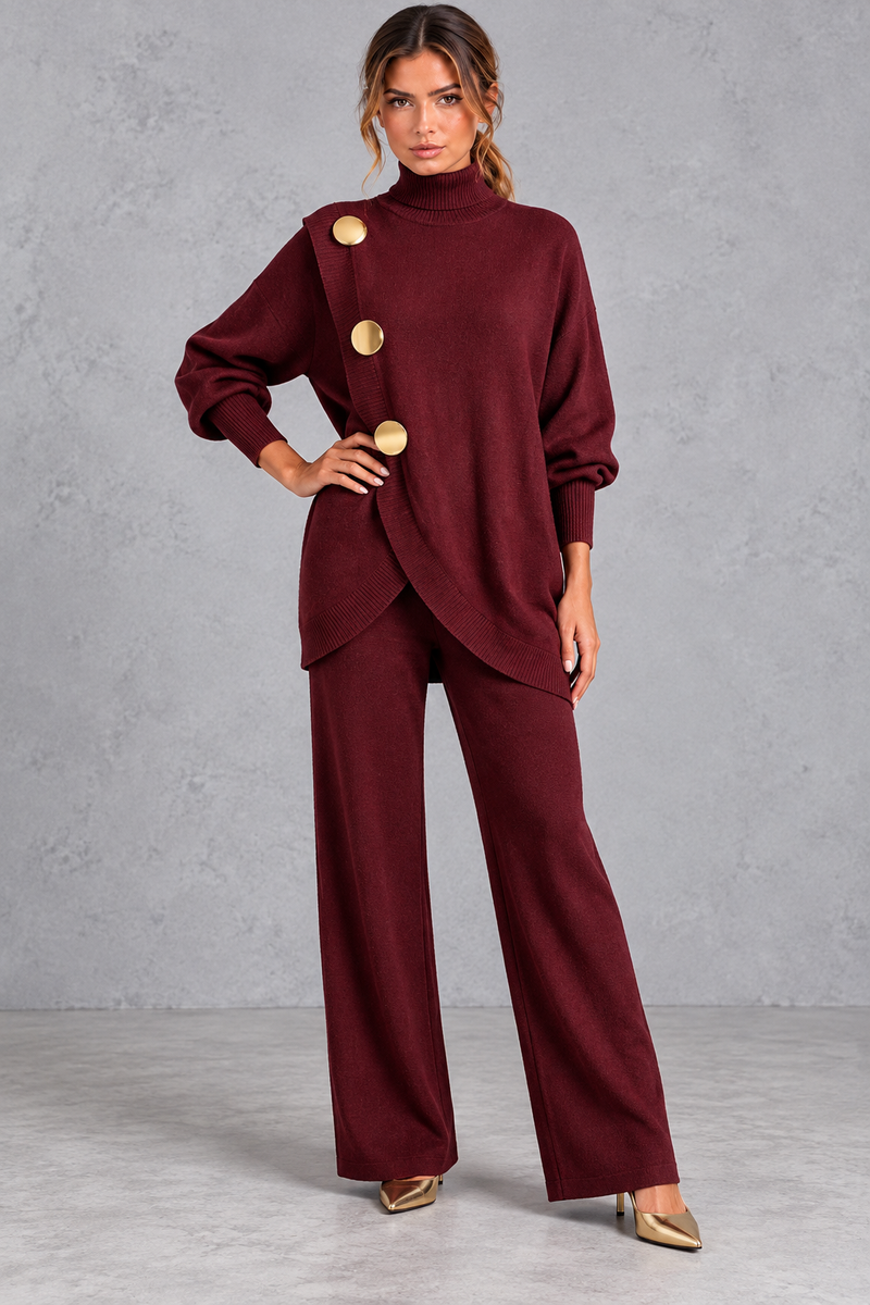 Women's burgundy knitted turtleneck jumper and wide leg trouser set with gold buttons – front view