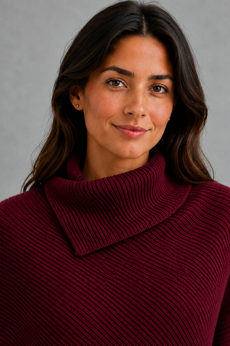 Women’s high neck knit jumper with oversized batwing sleeves, rib-knit texture and an asymmetric split hem.