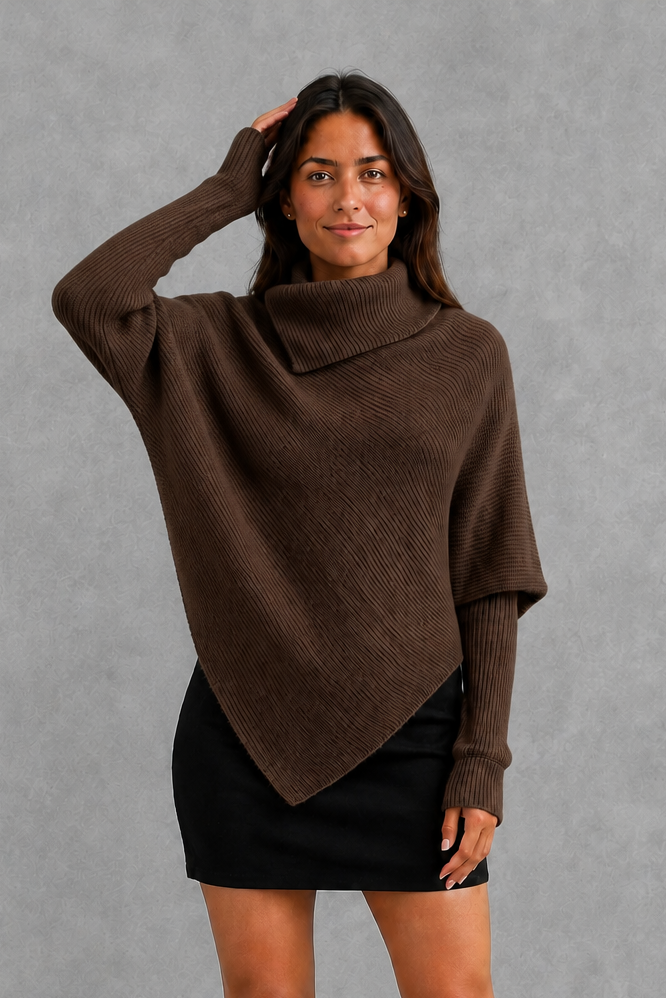 Women’s high neck knit jumper with oversized batwing sleeves, rib-knit texture and an asymmetric split hem.
