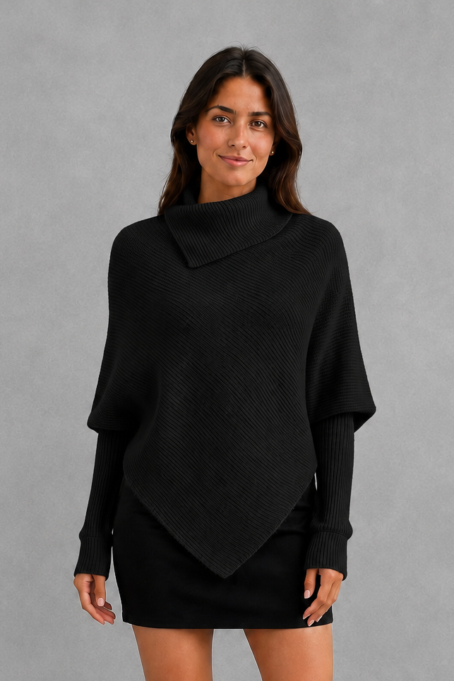 Women’s high neck knit jumper with oversized batwing sleeves, rib-knit texture and an asymmetric split hem.