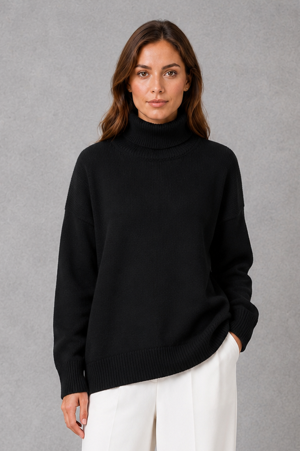 Women’s high neck knit jumper with a relaxed loose fit, cosy turtleneck, long sleeves and soft knitted finish for autumn and winter.