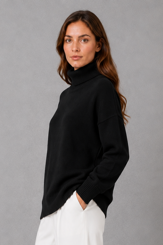 Women’s high neck knit jumper with a relaxed loose fit, cosy turtleneck, long sleeves and soft knitted finish for autumn and winter.