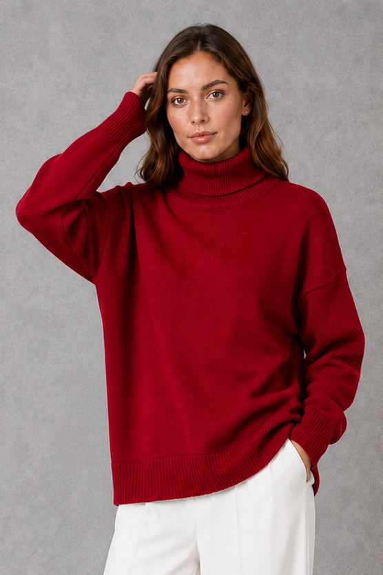 Women’s high neck knit jumper with a relaxed loose fit, cosy turtleneck, long sleeves and soft knitted finish for autumn and winter.