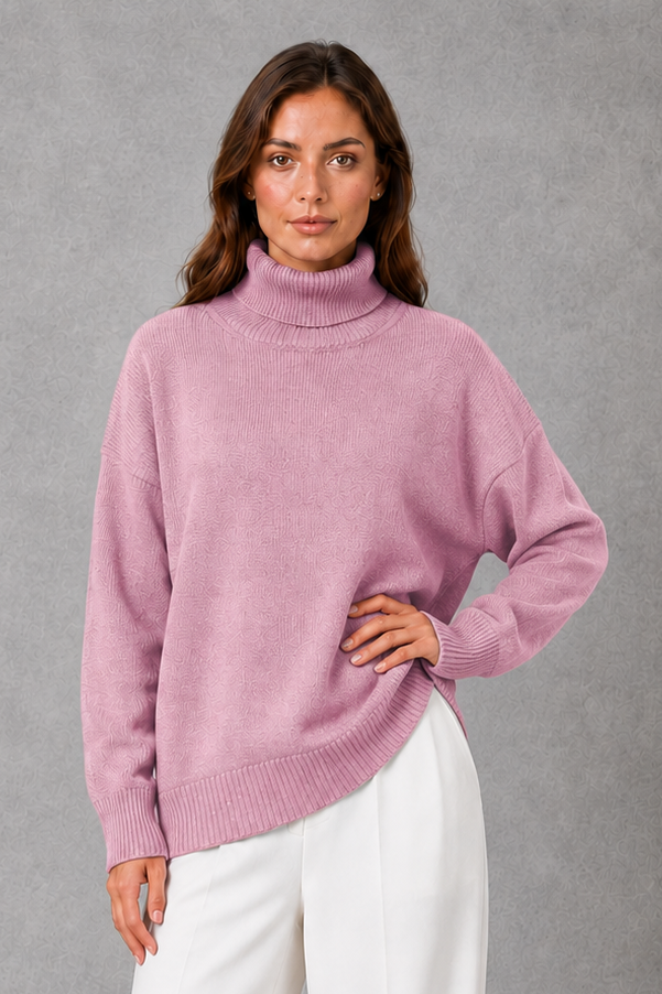 Women’s high neck knit jumper with a relaxed loose fit, cosy turtleneck, long sleeves and soft knitted finish for autumn and winter.