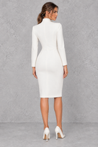 Women’s high neck mini dress with long sleeves, metallic button detailing, a statement split and sleek streamlined silhouette.