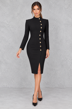 Women’s high neck mini dress with long sleeves, metallic button detailing, a statement split and sleek streamlined silhouette.