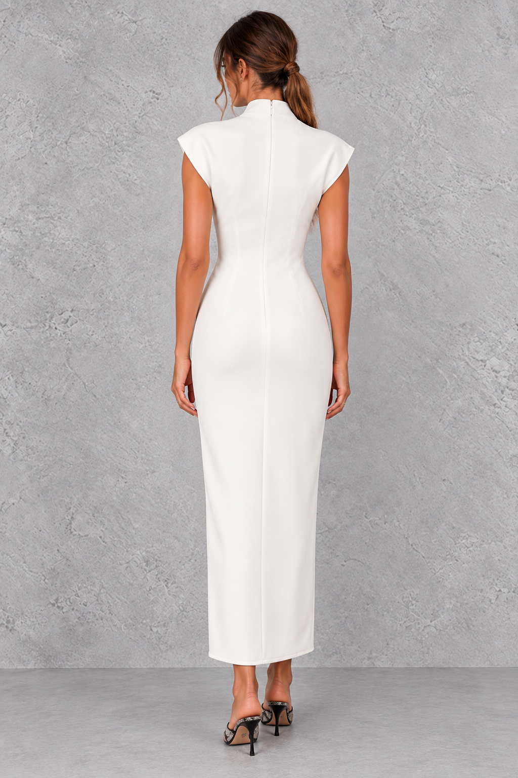 Women’s high V-neck sleeveless maxi dress with a sleek sheath silhouette, solid-colour finish and elegant streamlined design.