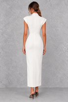 Women’s high V-neck sleeveless maxi dress with a sleek sheath silhouette, solid-colour finish and elegant streamlined design.
