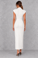 Women’s high V-neck sleeveless maxi dress with a sleek sheath silhouette, solid-colour finish and elegant streamlined design.