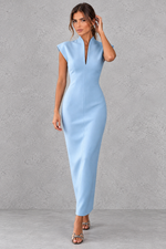 Women’s high V-neck sleeveless maxi dress with a sleek sheath silhouette, solid-colour finish and elegant streamlined design.