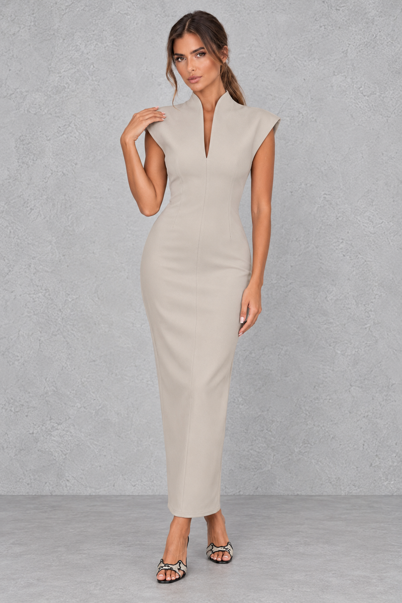 Women’s high V-neck sleeveless maxi dress with a sleek sheath silhouette, solid-colour finish and elegant streamlined design.