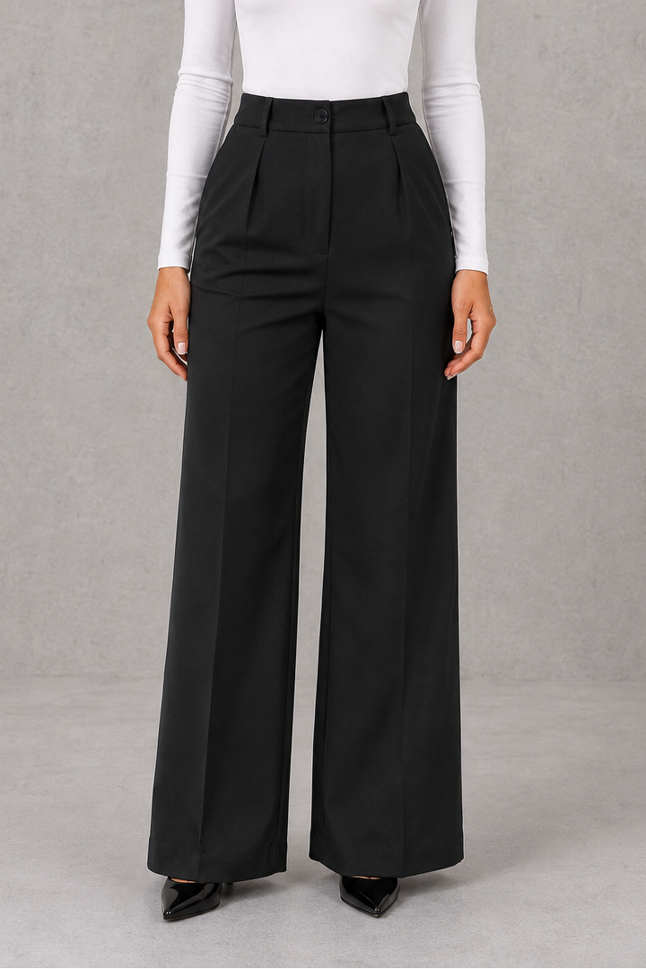 Women’s high waisted tailored trousers with a classic straight leg, clean minimalist finish and elegant smart fit for work and everyday styling.