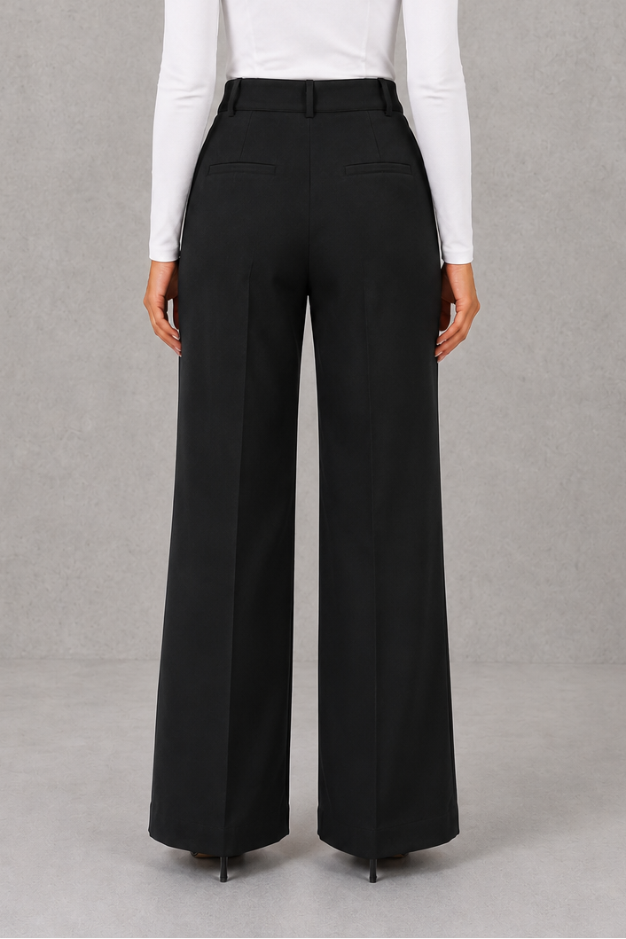 Women’s high waisted tailored trousers with a classic straight leg, clean minimalist finish and elegant smart fit for work and everyday styling.