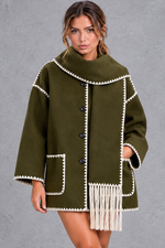 Women's Scarf Collar Jacket – Contrast Blanket Stitch & Fringe Detail – Army Green – front view
