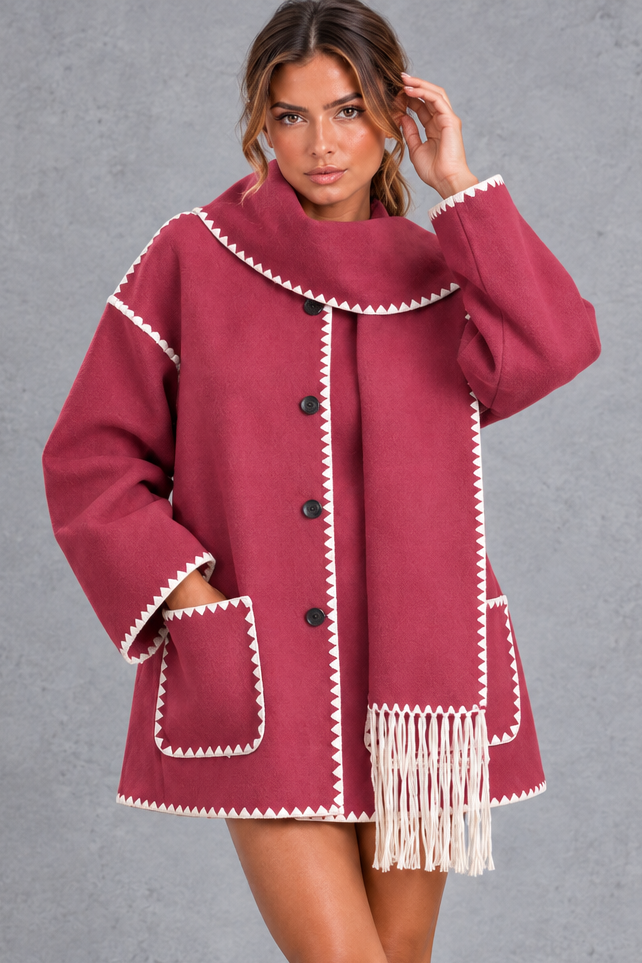 Women's Scarf Collar Jacket – Contrast Blanket Stitch & Fringe Detail – Raspberry – front view