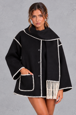 Women's Scarf Collar Jacket – Contrast Blanket Stitch & Fringe Detail – Black – front view