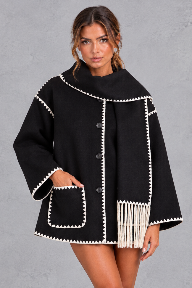 Women's Scarf Collar Jacket – Contrast Blanket Stitch & Fringe Detail – Black – front view