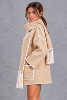 Women's Scarf Collar Jacket – Contrast Blanket Stitch & Fringe Detail – Beige – side view