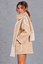 Women's Scarf Collar Jacket – Contrast Blanket Stitch & Fringe Detail – Beige – side view
