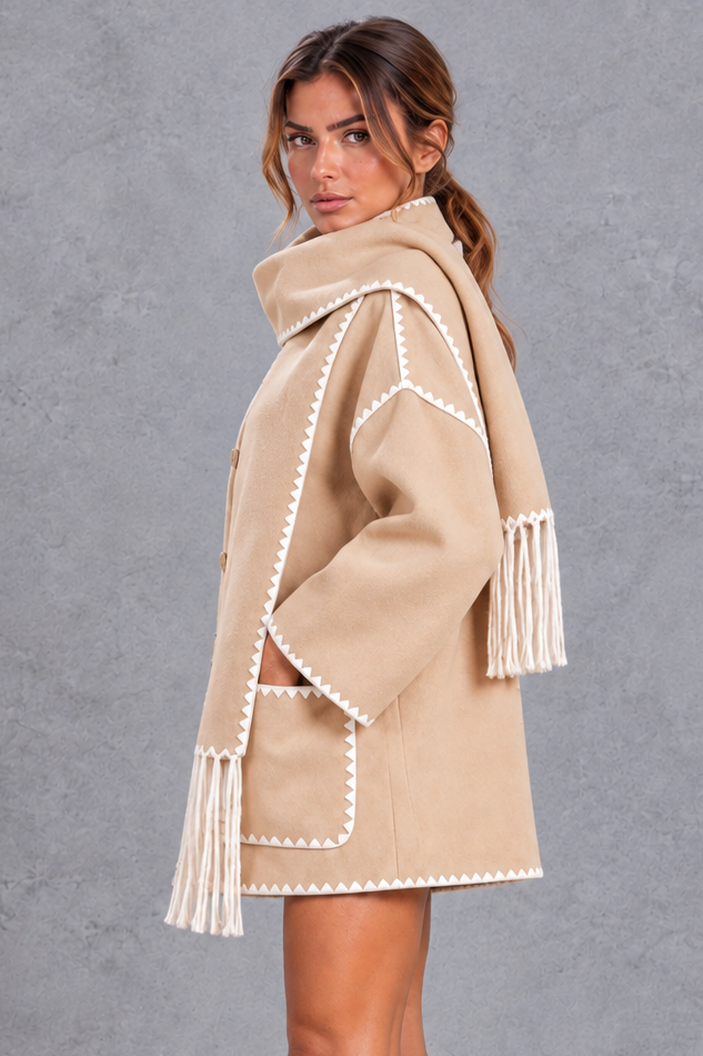 Women's Scarf Collar Jacket – Contrast Blanket Stitch & Fringe Detail – Beige – side view