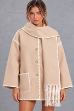 Women's Scarf Collar Jacket – Contrast Blanket Stitch & Fringe Detail – Beige – close-up front view