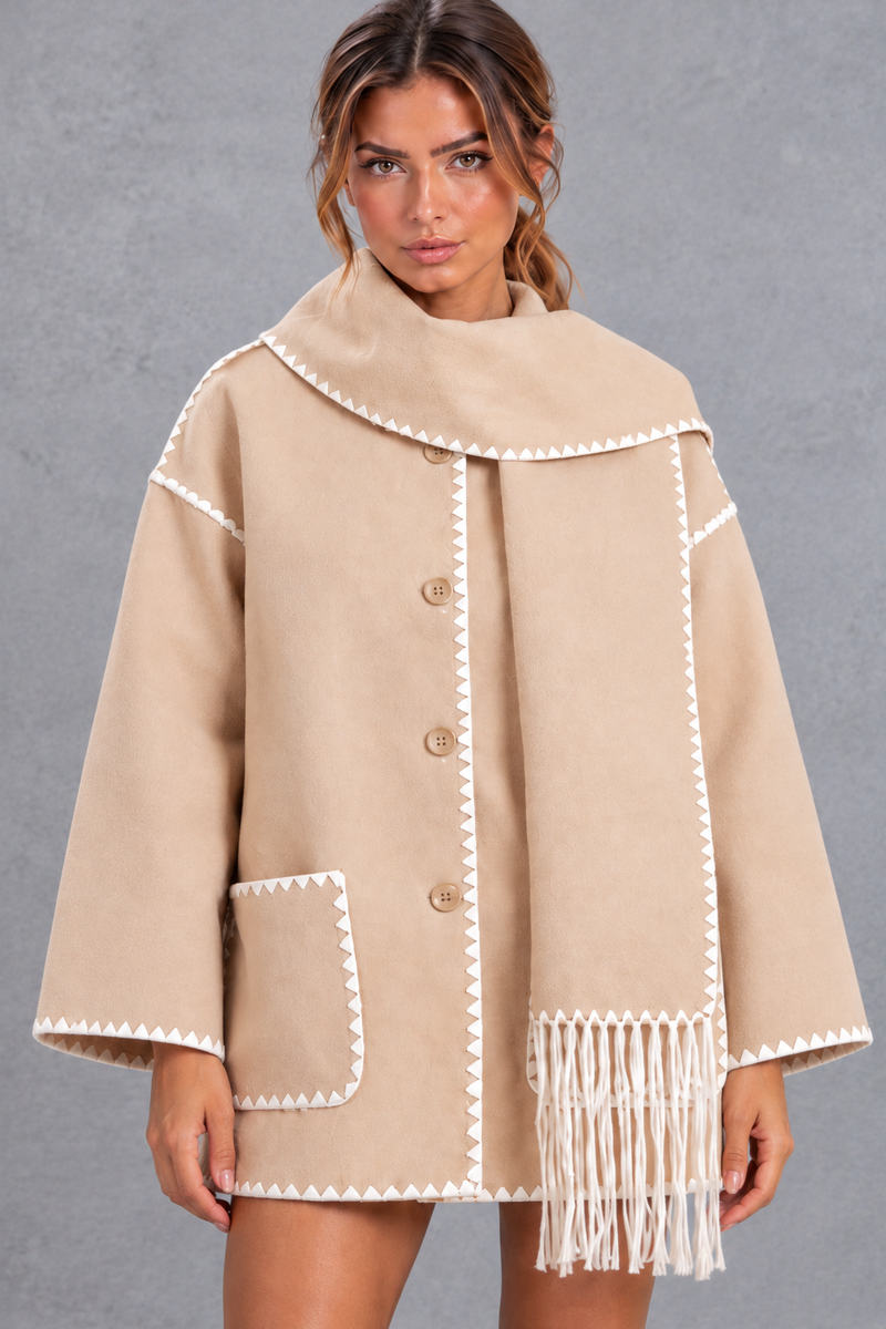 Women's Scarf Collar Jacket – Contrast Blanket Stitch & Fringe Detail – Beige – close-up front view