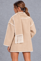Women's Scarf Collar Jacket – Contrast Blanket Stitch & Fringe Detail – Beige – back view