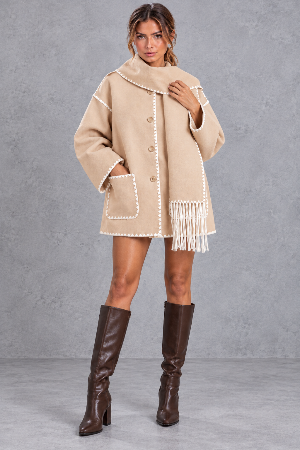 Women's Scarf Collar Jacket – Contrast Blanket Stitch & Fringe Detail – Beige – full-length view