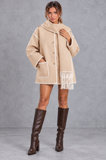 Women's Scarf Collar Jacket – Contrast Blanket Stitch & Fringe Detail – Beige – full-length view