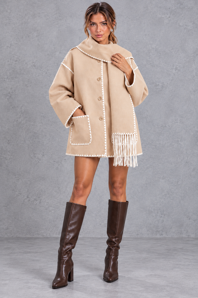 Women's Scarf Collar Jacket – Contrast Blanket Stitch & Fringe Detail – Beige – full-length view