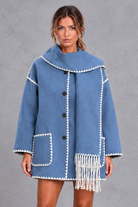 Women's Scarf Collar Jacket – Contrast Blanket Stitch & Fringe Detail – Blue – front view