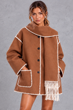 Women's Scarf Collar Jacket – Contrast Blanket Stitch & Fringe Detail – Camel – front view