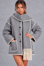 Women's Scarf Collar Jacket – Contrast Blanket Stitch & Fringe Detail – Grey – front view