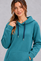 Women's teal hoodie dress – close-up of drawstring hood with navy cords and front pocket