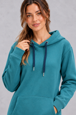 Women's teal hoodie dress – close-up of drawstring hood with navy cords and front pocket