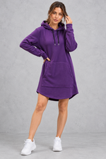 Women's purple hooded sweatshirt mini dress with drawstring hood and kangaroo pocket – front view